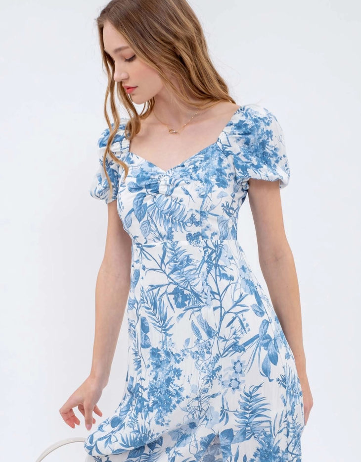 Leaf Print Split Thigh Midi Dress, Blue/White