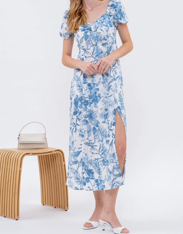 Leaf Print Split Thigh Midi Dress, Blue/White