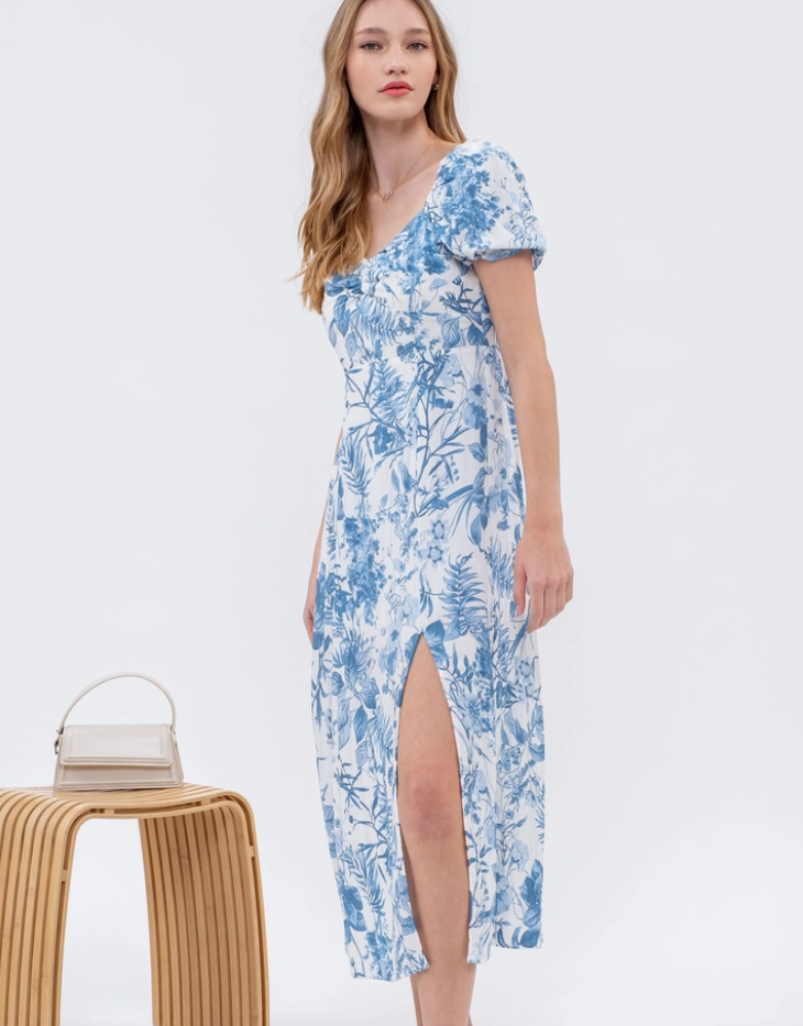 Leaf Print Split Thigh Midi Dress, Blue/White