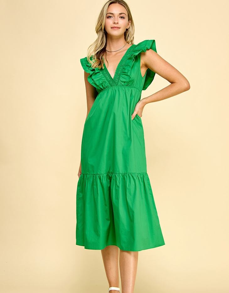 Aiblee Double Ruffle Midi Dress, Green