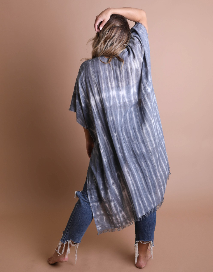 Tie-Dye Frayed Kimono, Blue/White