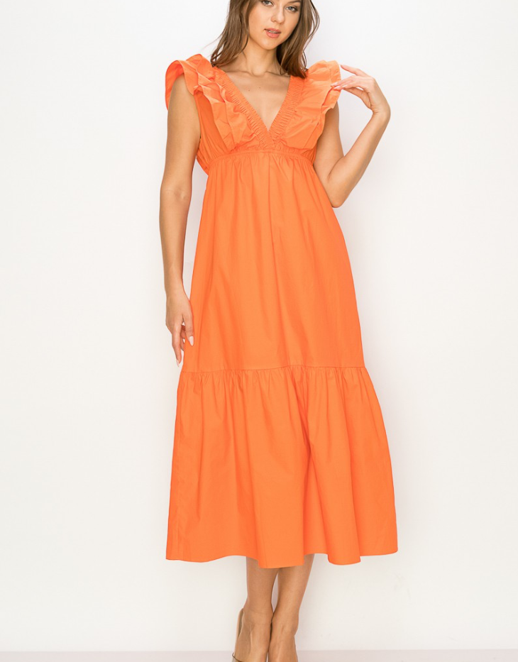 Aiblee Double Ruffle Midi Dress, Orange