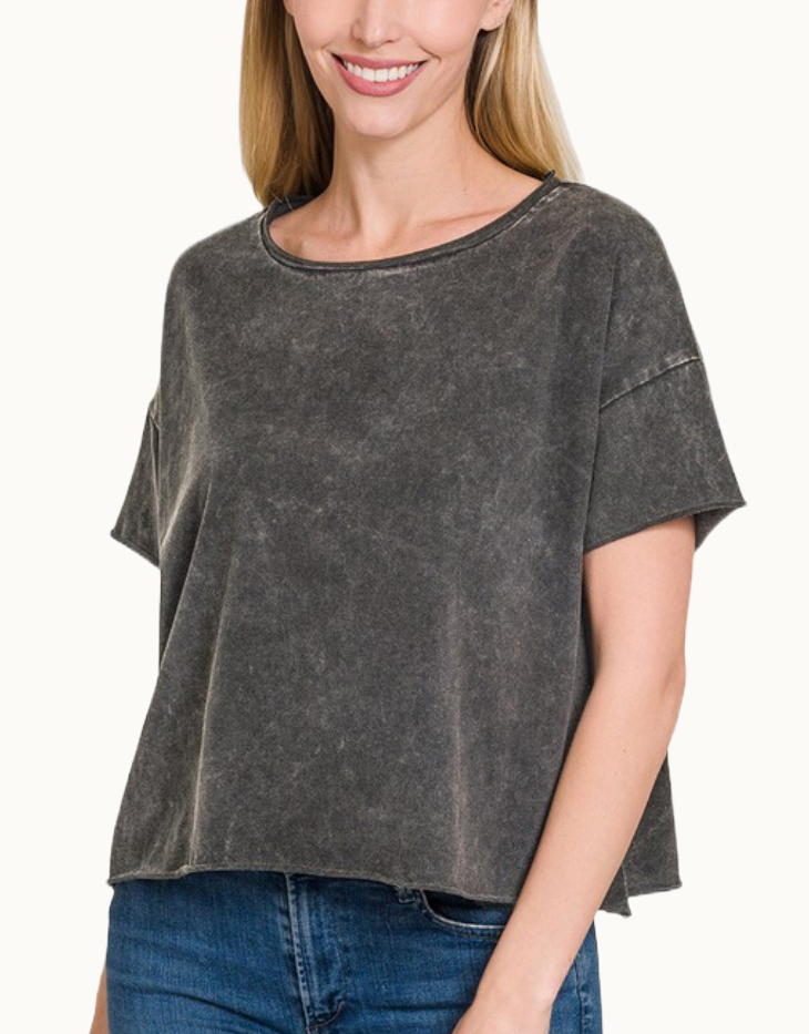 Zenana Acid Wash Raw Edge Short Sleeve Crop Top