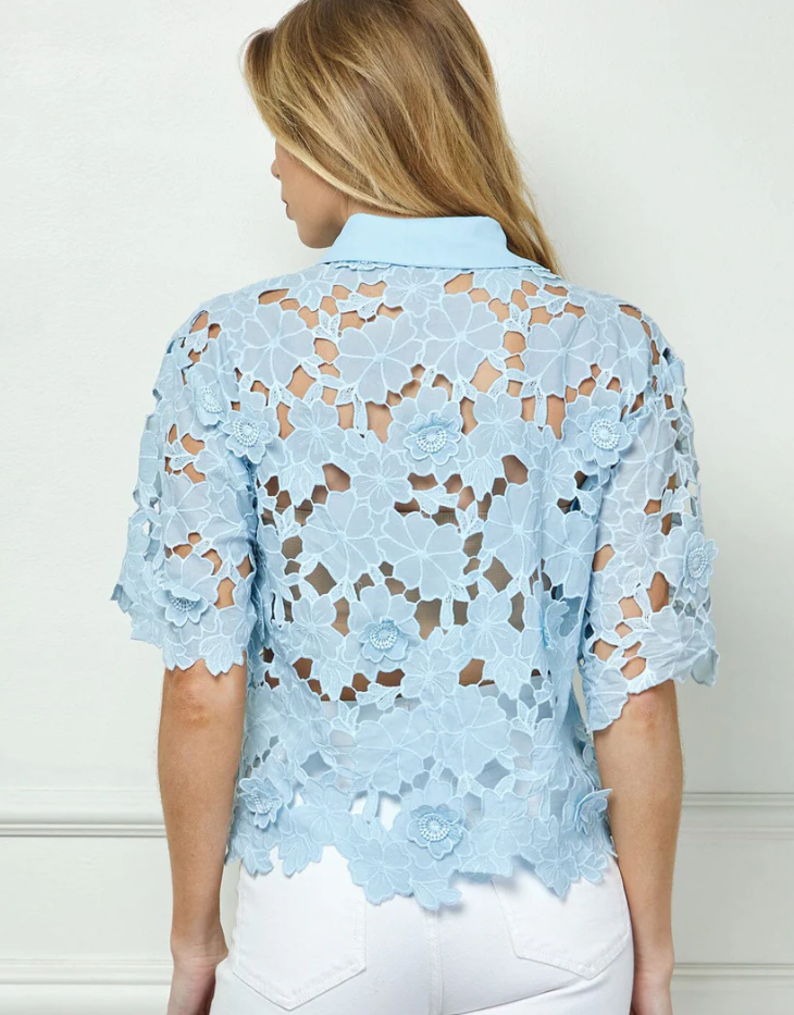 Short Sleeve Button Up Crochet Eyelet Floral Blouse, Blue