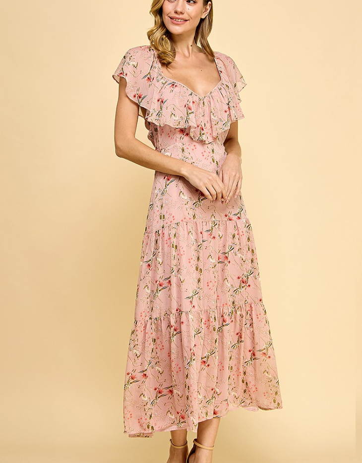 Aiblee Floral Tiered Dress, Pink