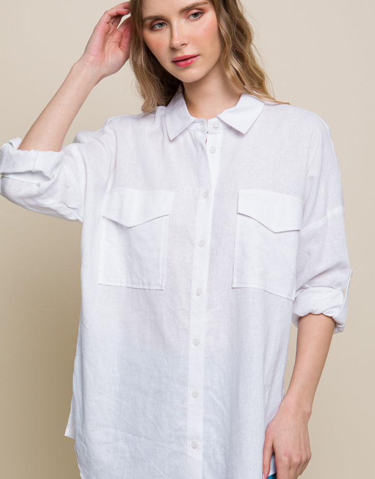 Love Tree Linen Oversized Double Pocket Button Down Shirt