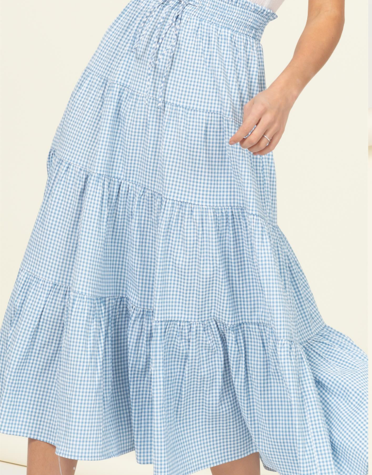 Hyfve Skirt Alert High-Waist Gingham Print Midi Skirt, Blue