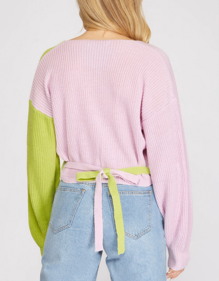 She + Sky Long Sleeve Color Block Surplice Wrap Sweater, Lime/Lilac