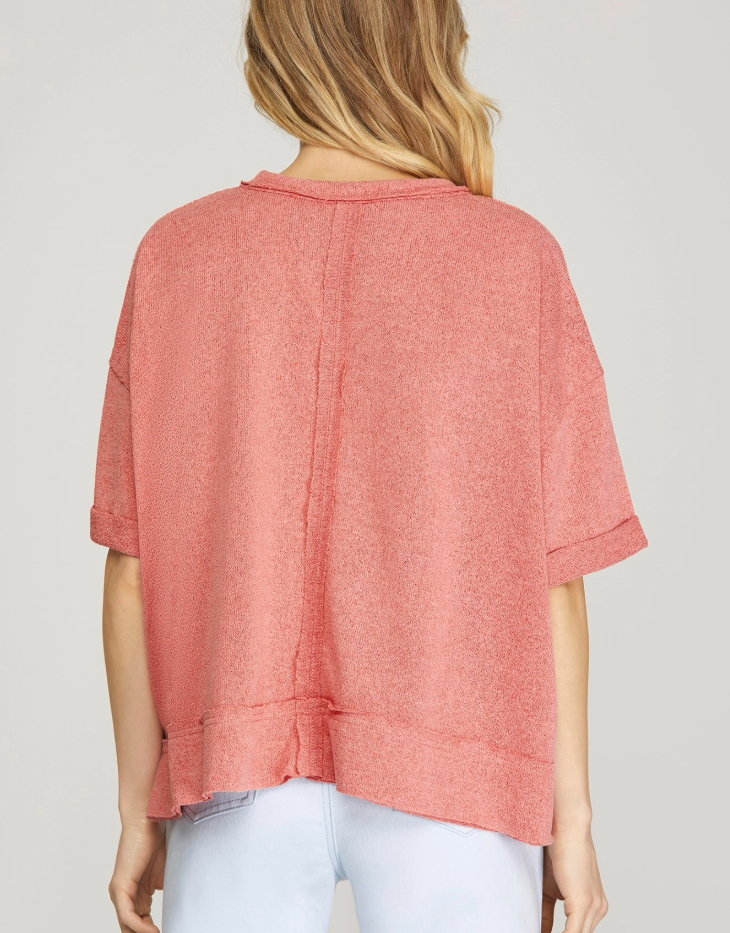 She + Sky Short Sleeve Raw Edge Sweater Knit Top, Coral Pink