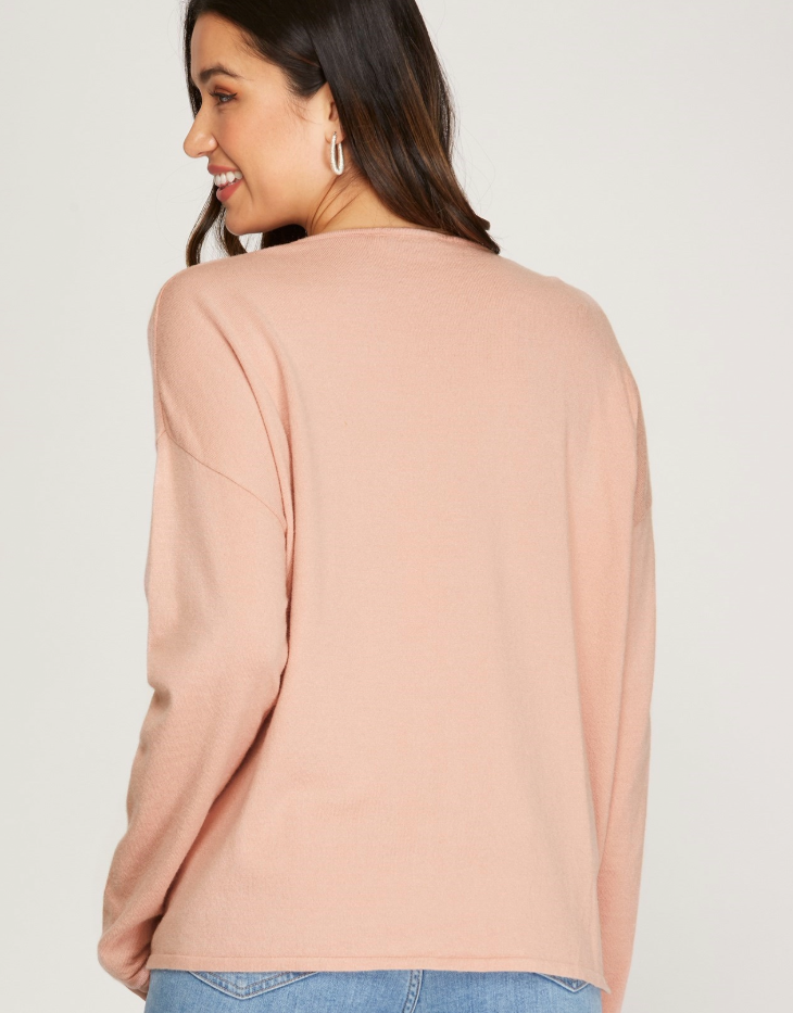 She + Sky Long Sleeve Ruched Front Drawstring Light Weight Knit Sweater, Rose