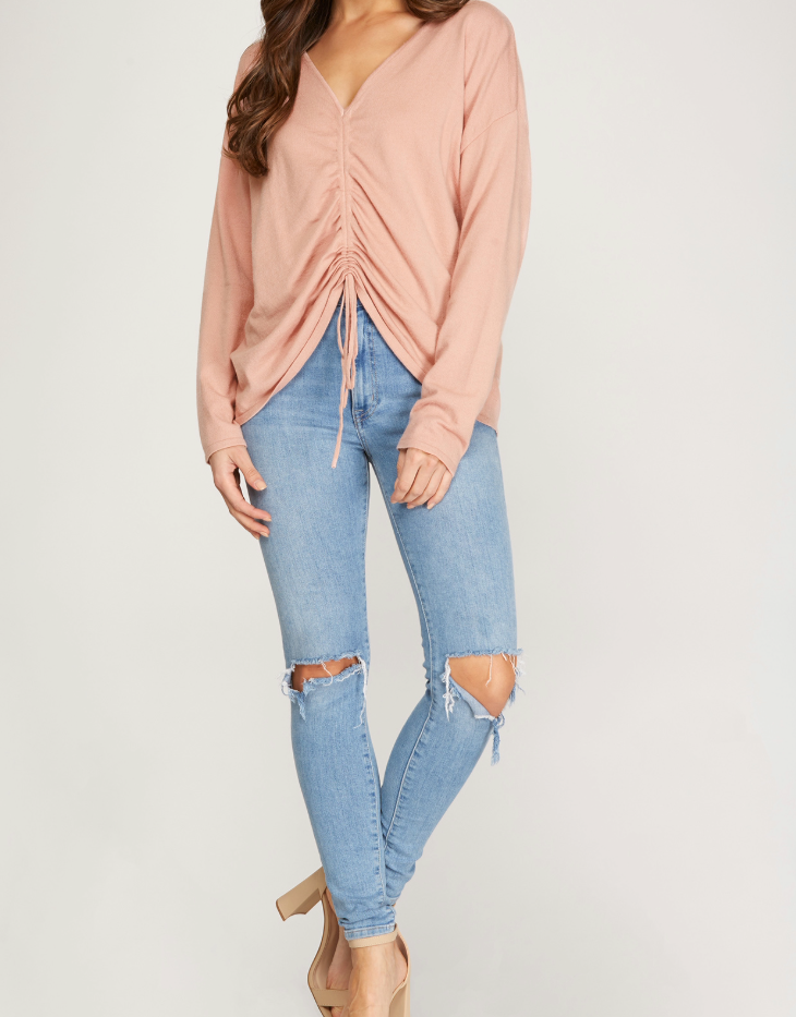 She + Sky Long Sleeve Ruched Front Drawstring Light Weight Knit Sweater, Rose