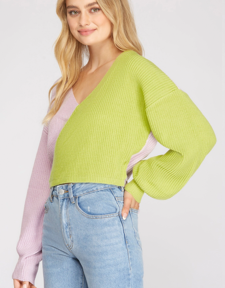 She + Sky Long Sleeve Color Block Surplice Wrap Sweater, Lime/Lilac