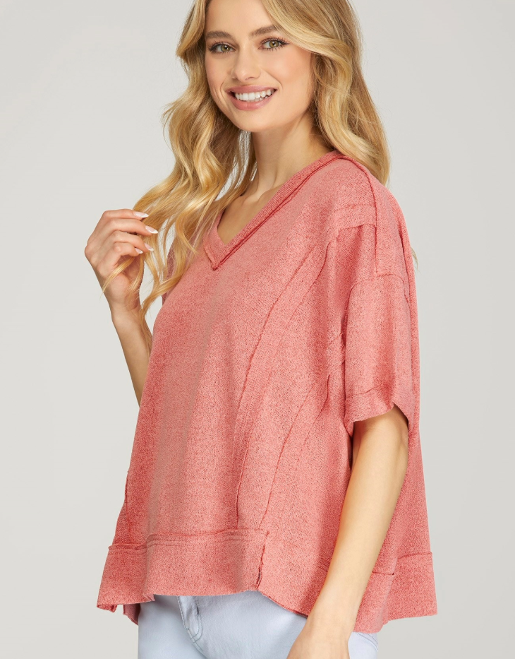 She + Sky Short Sleeve Raw Edge Sweater Knit Top, Coral Pink