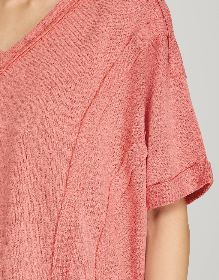 She + Sky Short Sleeve Raw Edge Sweater Knit Top, Coral Pink