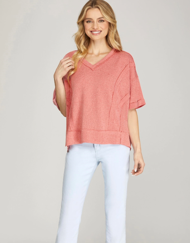 She + Sky Short Sleeve Raw Edge Sweater Knit Top, Coral Pink