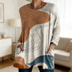 Khaki Blue Curve Paneled Round Neck Loose Pocket Long Sleeve Top