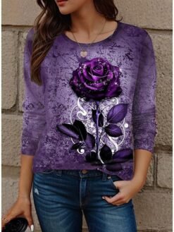 Womens Casual T Shirt With 3D Printed Crew Neck And Long Sleeves - WA28ZQ250325Y095, 3XL
