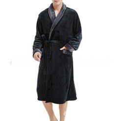 Men's Large Size Bathrobe Long Sleeve Nightgown - Lapel Black With Gray, XL