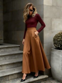 Elegant Solid-Color Skirt For Women - Khaki, 3XL