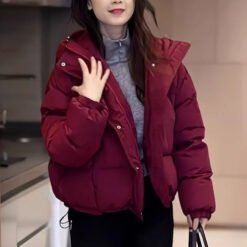 Winter Korean-style Cropped Hooded Cotton Jacket - Wine Red, M