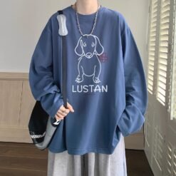 Cartoon Puppy Printed Long Sleeve T-shirt - Haze Blue, M