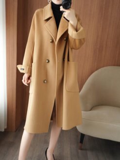 Long Below-the-Knee Double-Breasted Wool Coat In Korean Style - Camel, XL