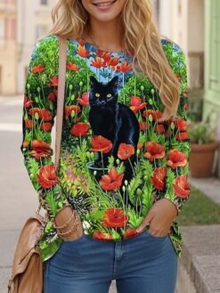 Womens Casual T Shirt With 3D Printed Crew Neck And Long Sleeves - WA28ZQ250325Y090, S