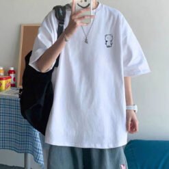 Cotton Short Sleeve Plus Size Loose Round Neck Print - Faceless Bear White, M