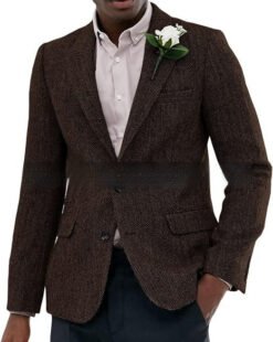 Mens Brown And Gray Herringbone Wool Suit Jacket - Coffee, 3XL