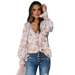 Shiying Autumn Lightweight Floral Chiffon Blouse With Long Sleeves - Apricot, S