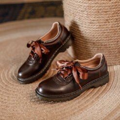 Womens Retro Silk Lace-Up Chunky-Heel Pumps - Brown, 35