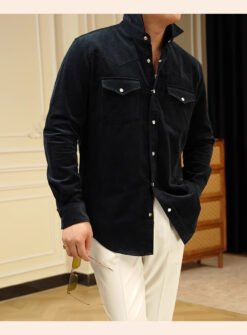 Mens Casual Business Shirt Made From Pure Cotton With A Lampwick Weave For Everyday Wear - Navy Blue, L