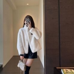 Womens Stylish Loose-fitting Fur-trimmed Collar Coat - Milky White, S