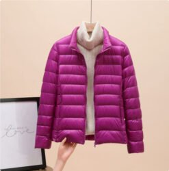 Womens Lightweight Padded Short Down Jacket - Purple Stand Collar, 5XL