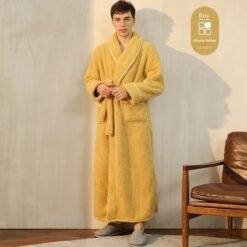 Autumn And Winter Thickened Cotton Velvet Nightgown Men's Winter Plus-sized Plus Size Light Luxury Couple Bathrobe Women's Extended Pajamas - 2102 Cherry Yellow Male, XL