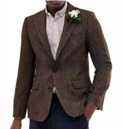Mens Brown And Gray Herringbone Wool Suit Jacket - Dark Brown, M