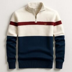 Business Stand-collar Knitwear Half-zip Long-sleeve T-shirt Color-block Pullover Sweaterpremium Quality - White, XL