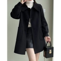 Womens Stylish Casual Doll-Neck Wool Coat - Black, XL
