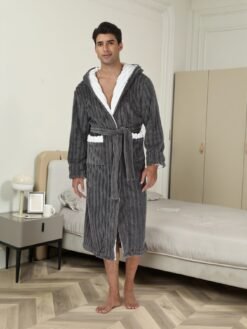 Thick Night-robe Flannel Men's Long Hooded Lace Bathrobe - Dark Gray, M