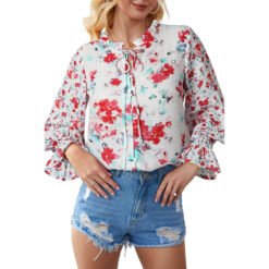 Shiying Autumn Lightweight Floral Chiffon Blouse With Long Sleeves - Red, M