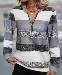 Womens FallWinter Crew-Neck Printed Loose-Fit Zip-Up Hoodie With Long Sleeves - NLW04346, XL