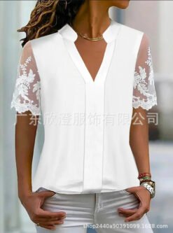 Womens Casual White V-Neck Lace Short-Sleeve Top - White, XL