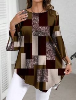 Relaxed, Casual Top With An Asymmetrical Hem - Dark Brown, 4XL