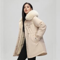 Mid-length Versatile Cotton Coat That Hits Below The Knee With A Fur-trimmed Collar - Beige, 2XL