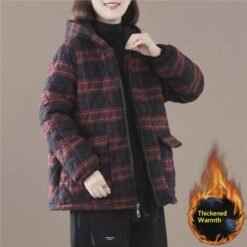 Short Cotton-padded Coat In Plaid For Fall And Winter - Red Plaid Thickened, 3XL