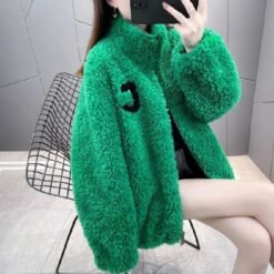 Womens Double Sided Short Shearling Coat - Green, XXL