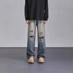 Mens American-style Streetwear Camouflage Ripped Jeans - Blue, M