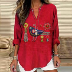 Womens Creative Printed V-Neck Long-Sleeve T-Shirt - JLTX02 TCFS5017, 3XL