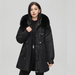 Mid-length Versatile Cotton Coat That Hits Below The Knee With A Fur-trimmed Collar - Black, 3XL