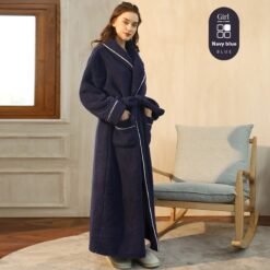 Autumn And Winter Thickened Cotton Velvet Nightgown Men's Winter Plus-sized Plus Size Light Luxury Couple Bathrobe Women's Extended Pajamas - 2102 Navy Blue Female, XL